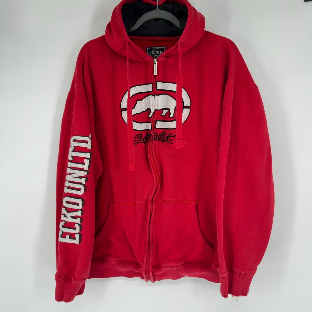 Vintage Y2K Ecko Unltd Mens XXL Red Logo Full Zip Hoodie Streetwear Sweatshirt